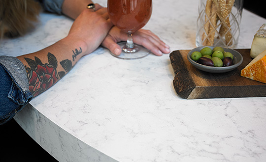 Formica Infiniti® Laminate a soft-to-the-touch super matte texture, resists fingerprints, has thermal healing capabilities and built-in antimicrobial surface protection.